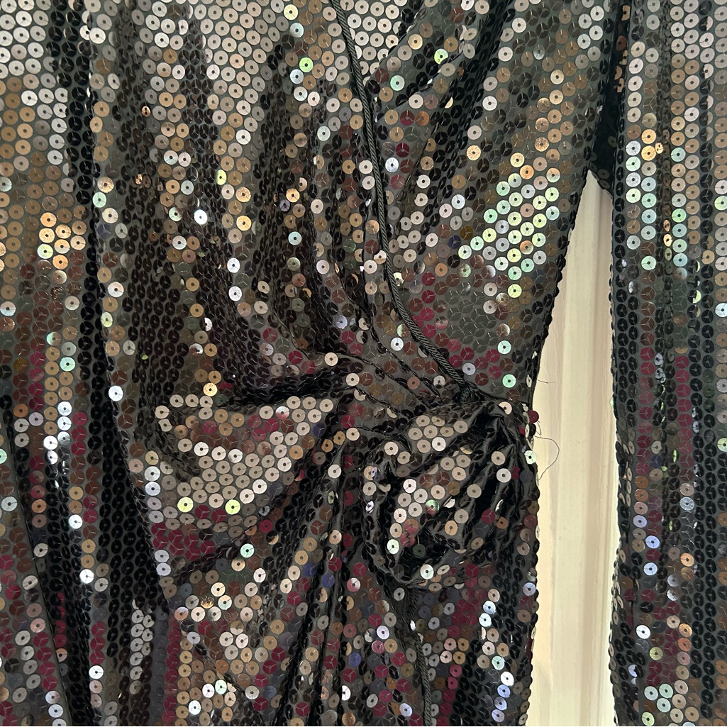 Evening Knee Length Sequined Dress. V Neck Wrap Style, Very Flattering.